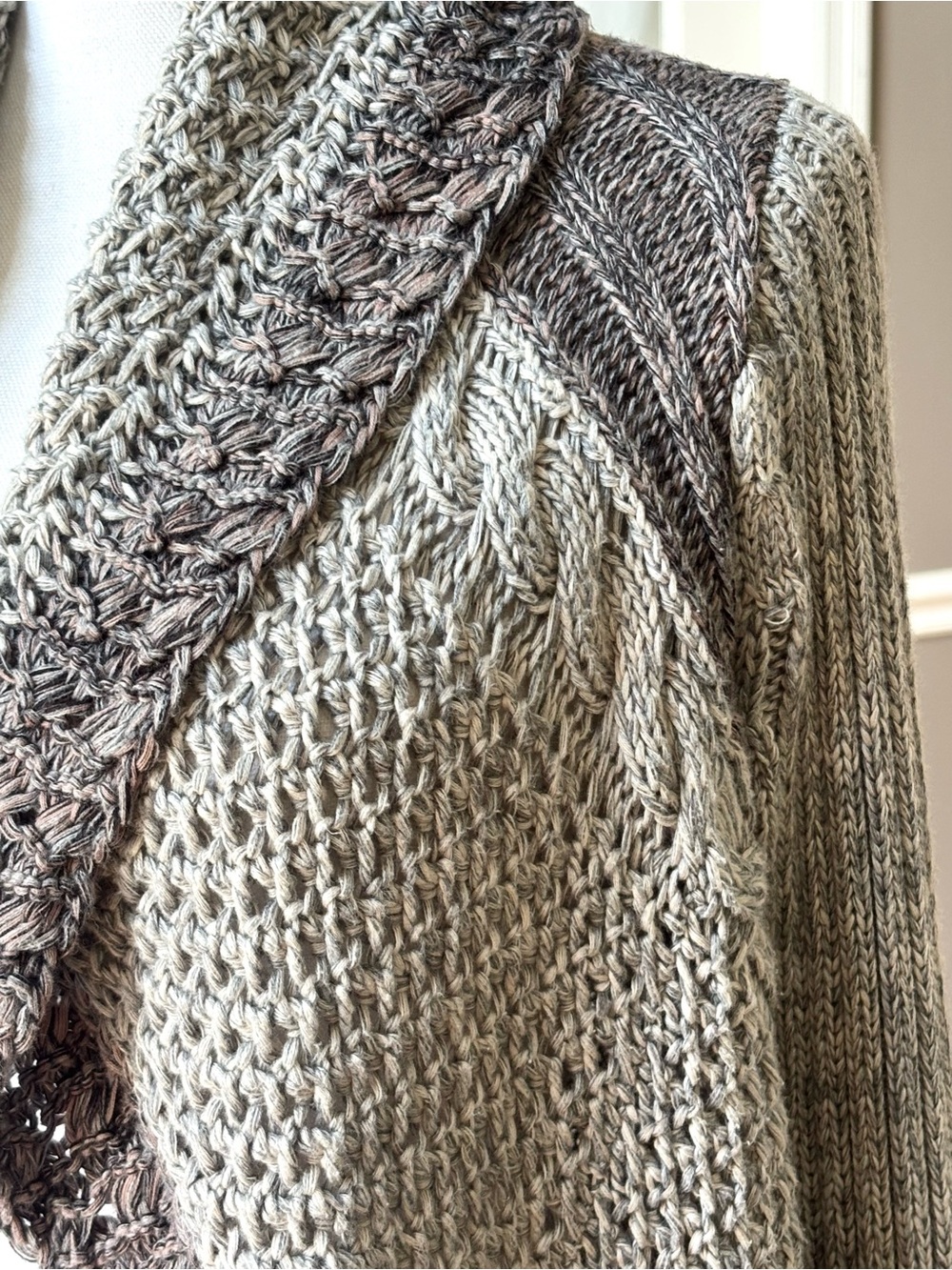 CAbi Shadow Circle Cardigan S 100% Cotton Open Knit Waterfall Boho Neutral - Picture 4 of 11